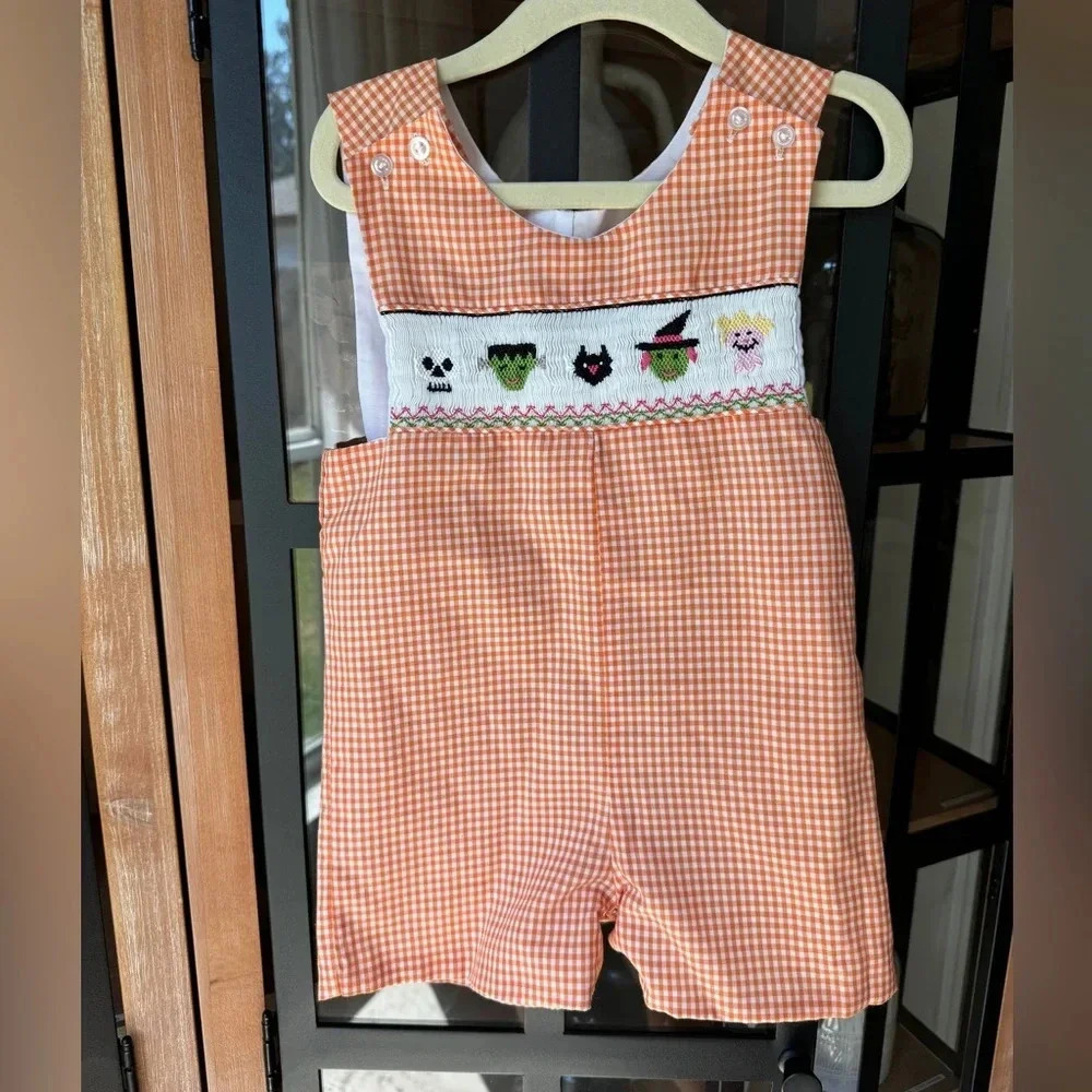Vintage 90s Halloween Smocked jonjon romper boy toddler gingham embroidered baby